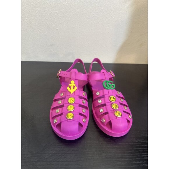 Gucci Girls Pink Jelly Sandals EU 33 US 2 Youth Crystal Anchor GG Logo - Picture 1 of 8